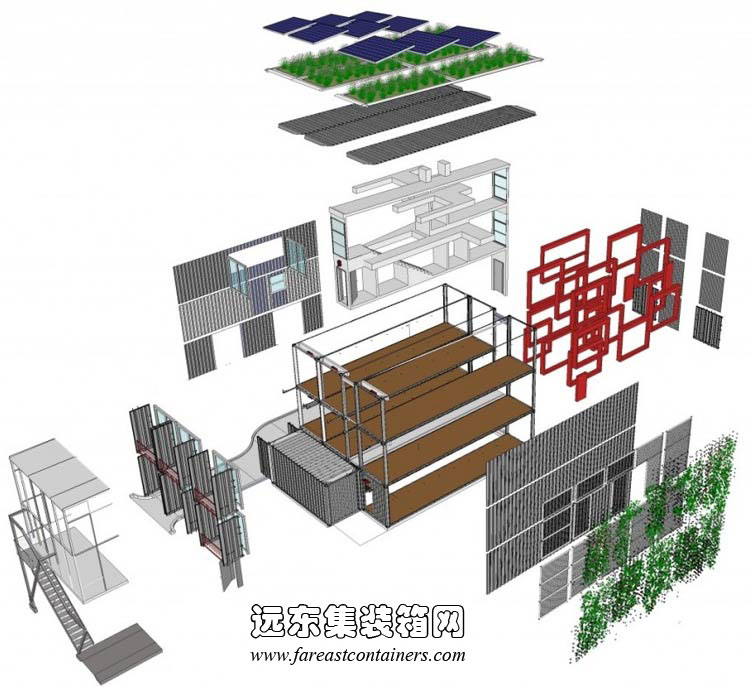 福克斯集裝箱公寓構造分解圖,集裝箱房屋,集裝箱活動房,住人集裝箱,集裝箱住宅,集裝箱建筑