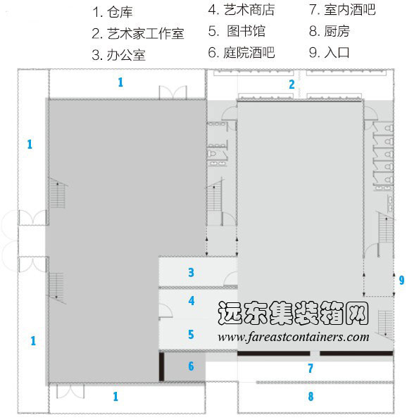 集裝箱建筑： Gwanju 集裝箱藝術館一層平面圖